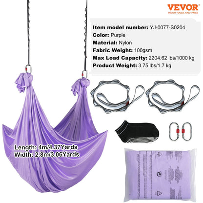 Aerial Yoga Hammock Kit, 4m Nylon, 1000 kg Capacity, Purple, Includes Hardware