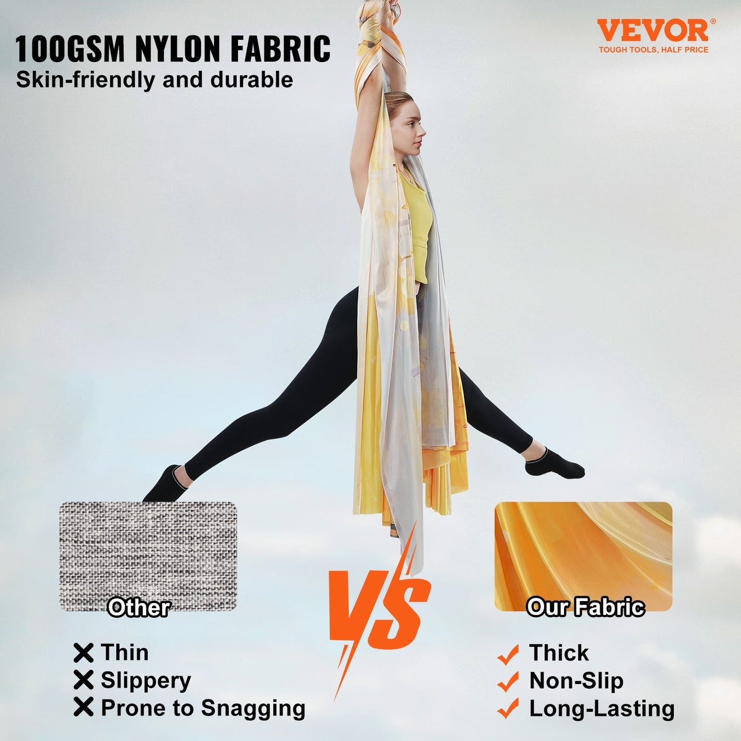 Aerial Yoga Hammock Kit, 5m Gold Nylon, 1000kg Capacity, Complete Set