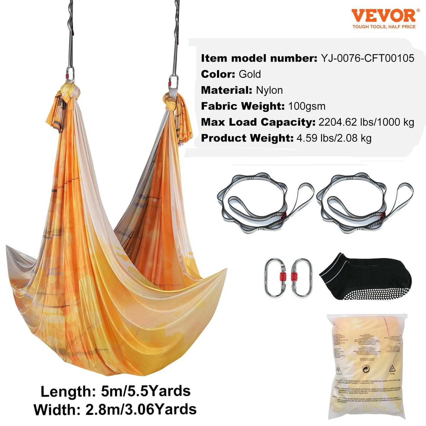 Aerial Yoga Hammock Kit, 5m Gold Nylon, 1000kg Capacity, Complete Set