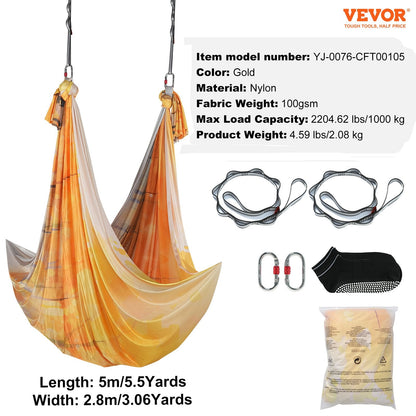 Aerial Yoga Hammock Kit, 5m Gold Nylon, 1000kg Capacity, Complete Set