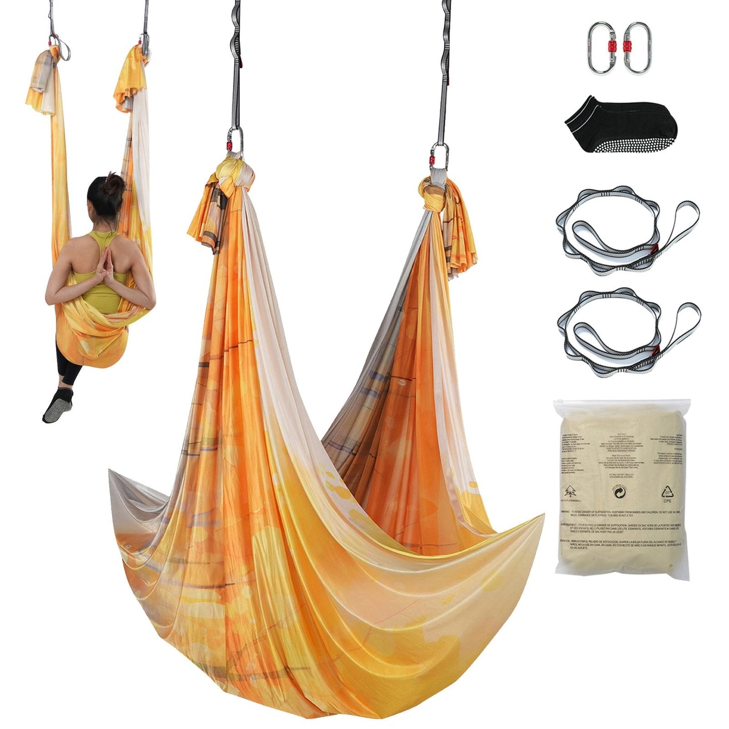 Aerial Yoga Hammock Kit, 5m Gold Nylon, 1000kg Capacity, Complete Set