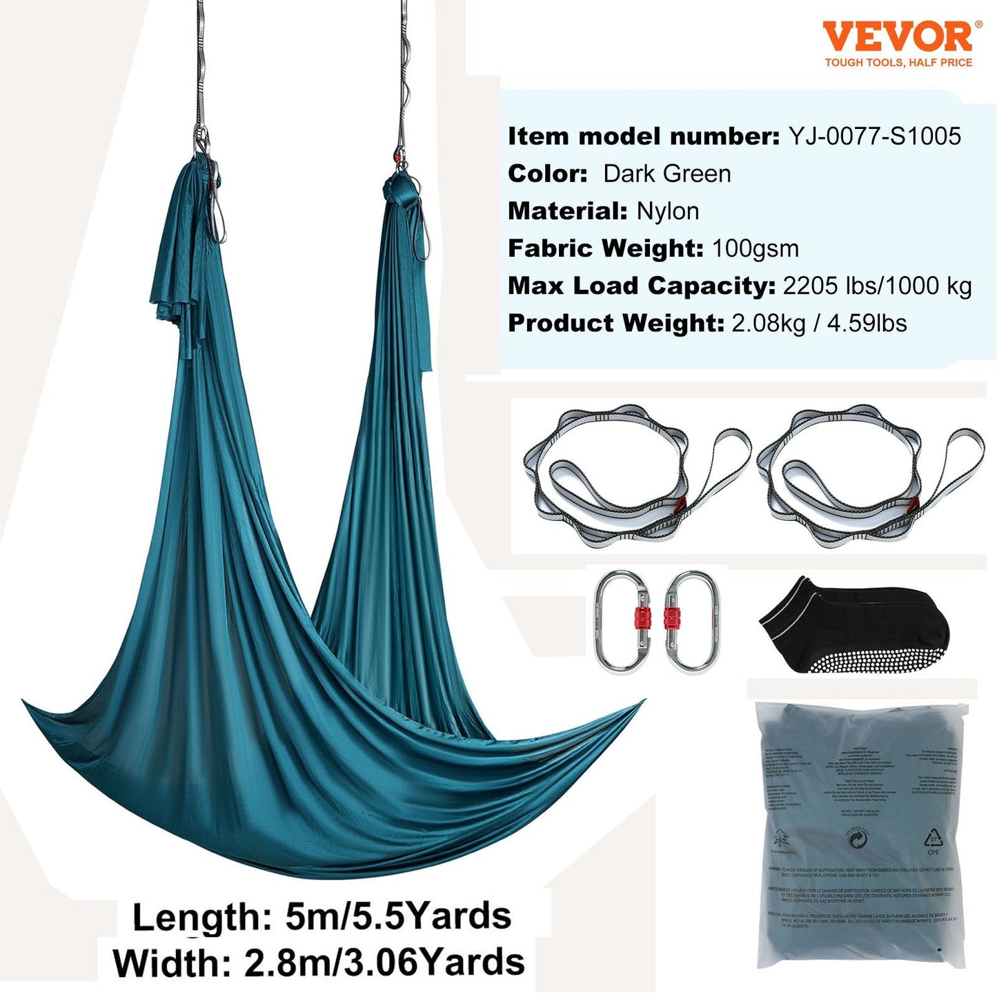 Aerial Yoga Hammock Kit, 5m Nylon, 1000kg Capacity, Green