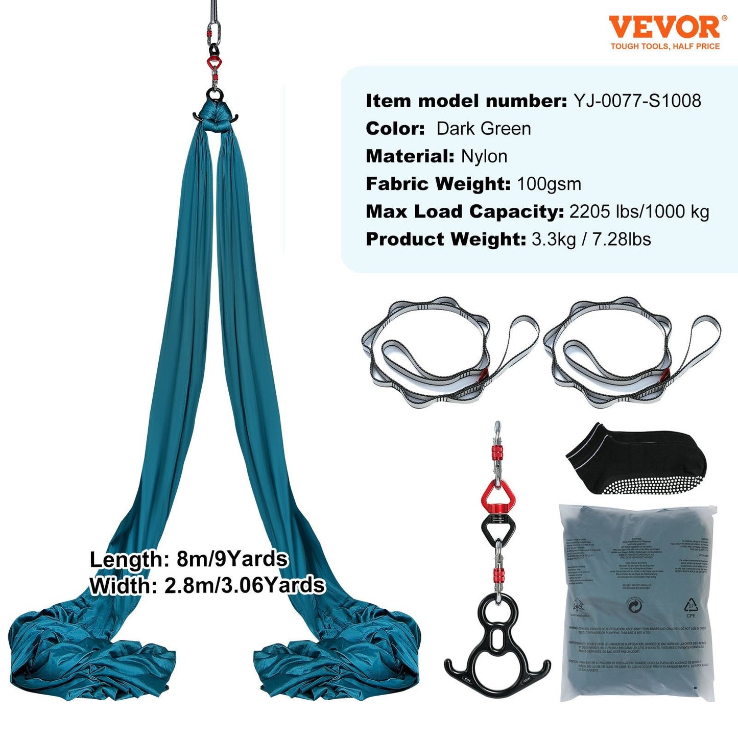Aerial Yoga Hammock Kit, 8m Nylon Fabric, 1000kg Capacity, Green