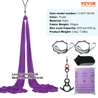 Aerial Yoga Hammock Kit, 8m Length, Nylon Fabric, 1000kg Capacity, Purple