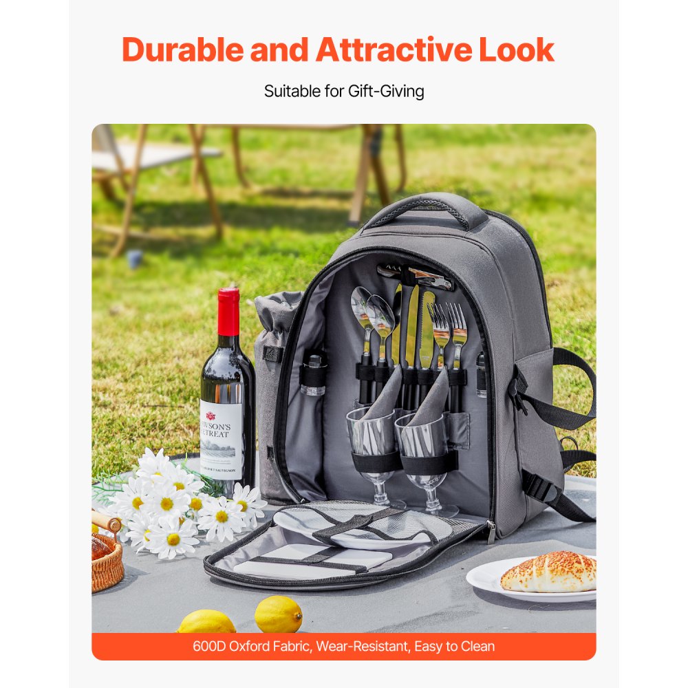 VEVOR Beach Picnic Backpack Bag for 2 Person with Cooler Compartment Grey