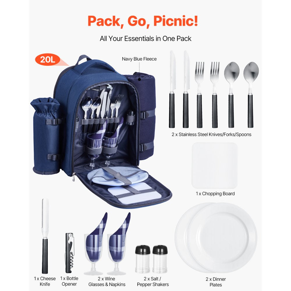 VEVOR Beach Picnic Backpack Bag for 2 Person with Cooler Compartment Navy Blue