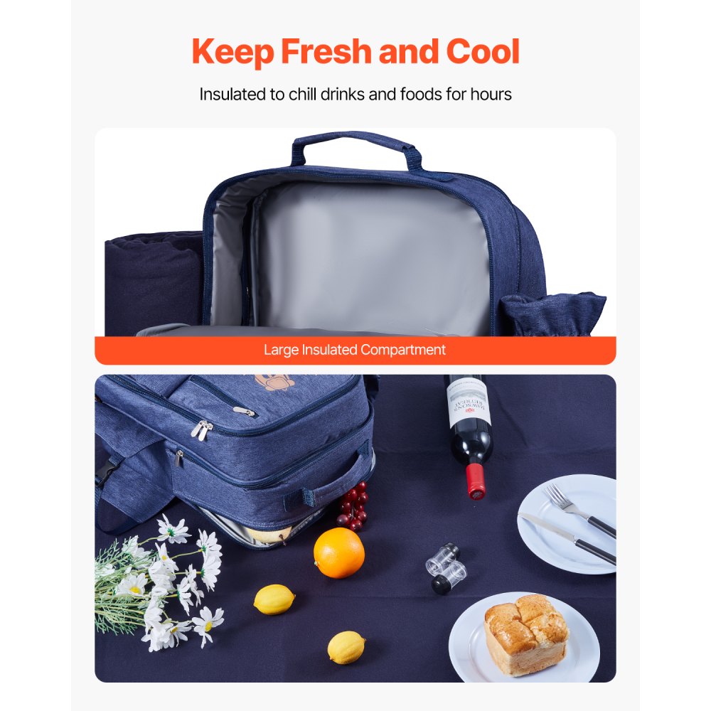 VEVOR Beach Picnic Backpack Bag for 4 Person with Cooler Compartment Navy Blue