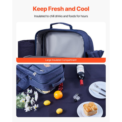 VEVOR Beach Picnic Backpack Bag for 4 Person with Cooler Compartment Navy Blue