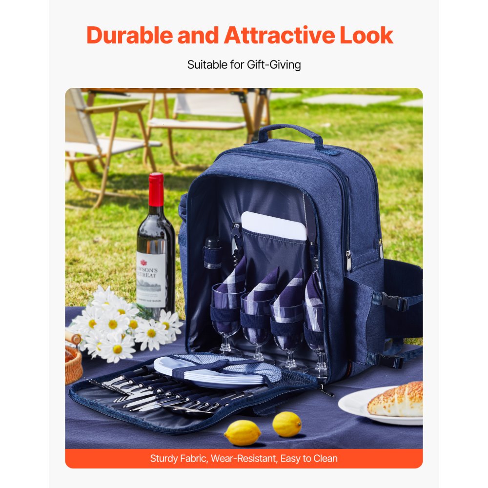 VEVOR Beach Picnic Backpack Bag for 4 Person with Cooler Compartment Navy Blue