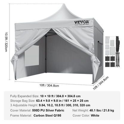 VEVOR Pop Up Canopy Tent Outdoor Gazebo Tent 10x10FT with Sidewalls & Bag White