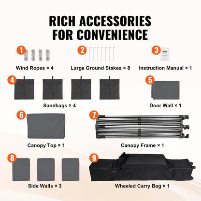 3x3m Pop-Up Canopy Tent with Removable Sidewalls, UV Resistant, Dark Gray