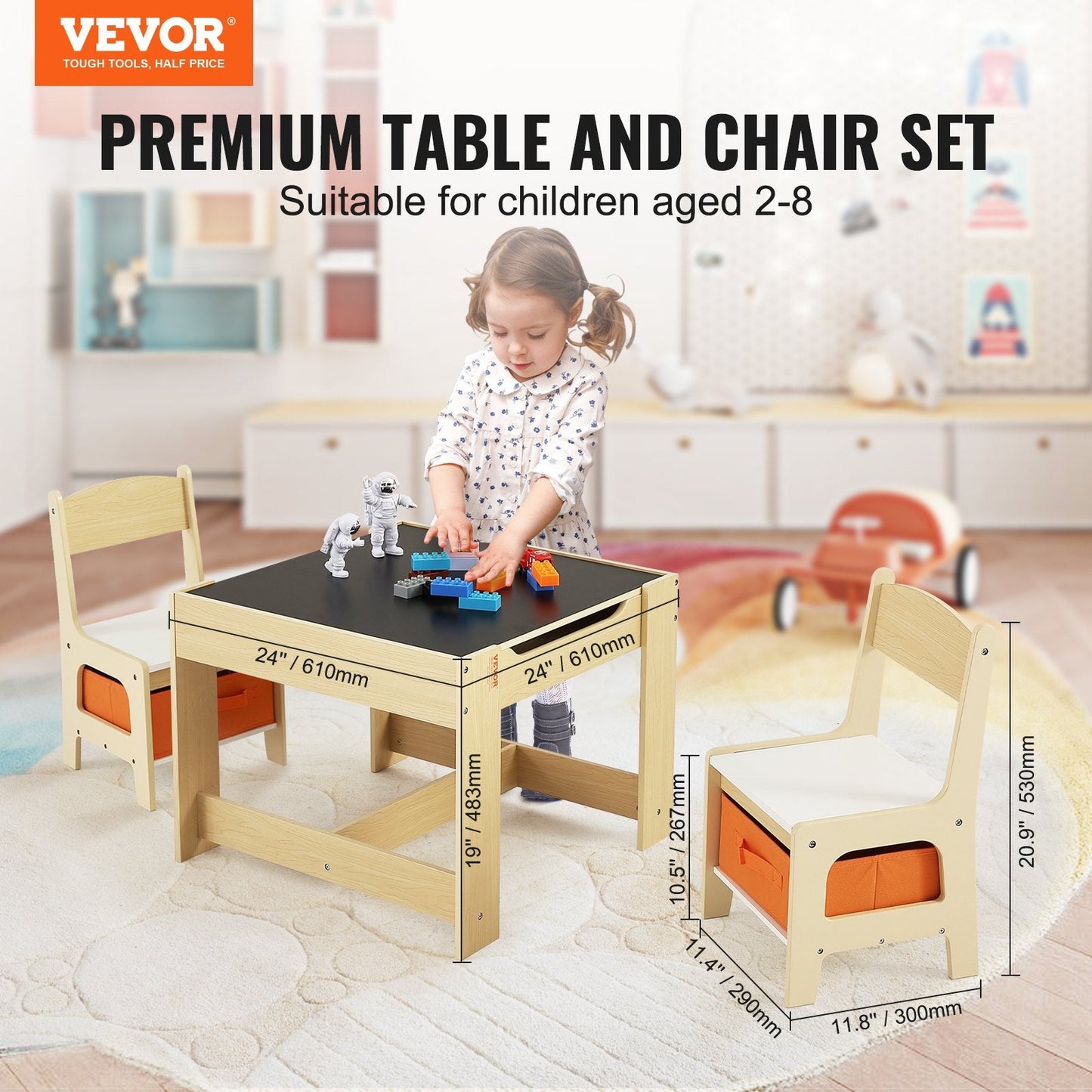 Kids Wooden Activity Table & Chair Set with Storage, Light Wood Color