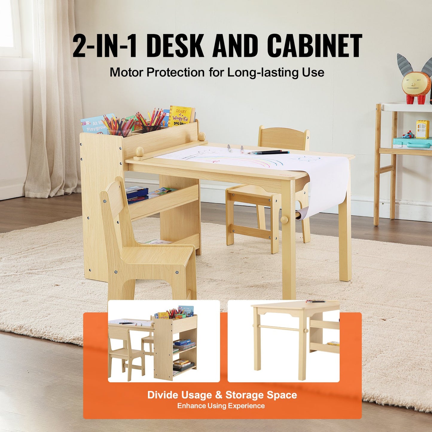 VEVOR Kids Art Table and 2 Chairs Toddler Craft and Play Table with A Cabinet