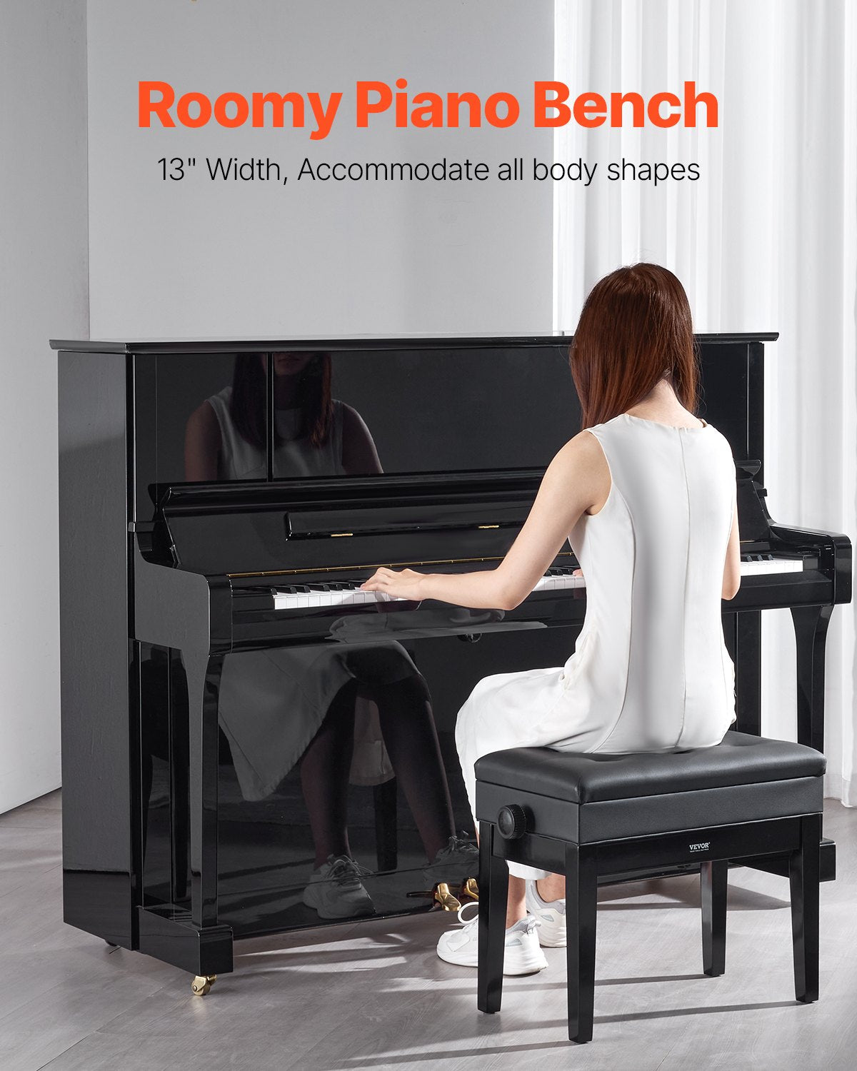 Adjustable Piano Bench with Storage, Padded Seat & Wooden Bookcase Stool