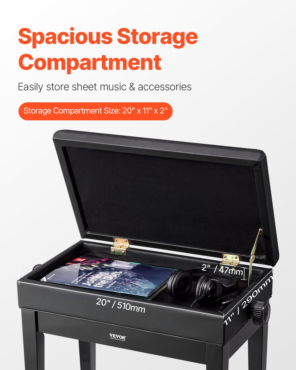 VEVOR Adjustable Piano Keyboard Bench Storage Padded Seat Wooden Bookcase Stool