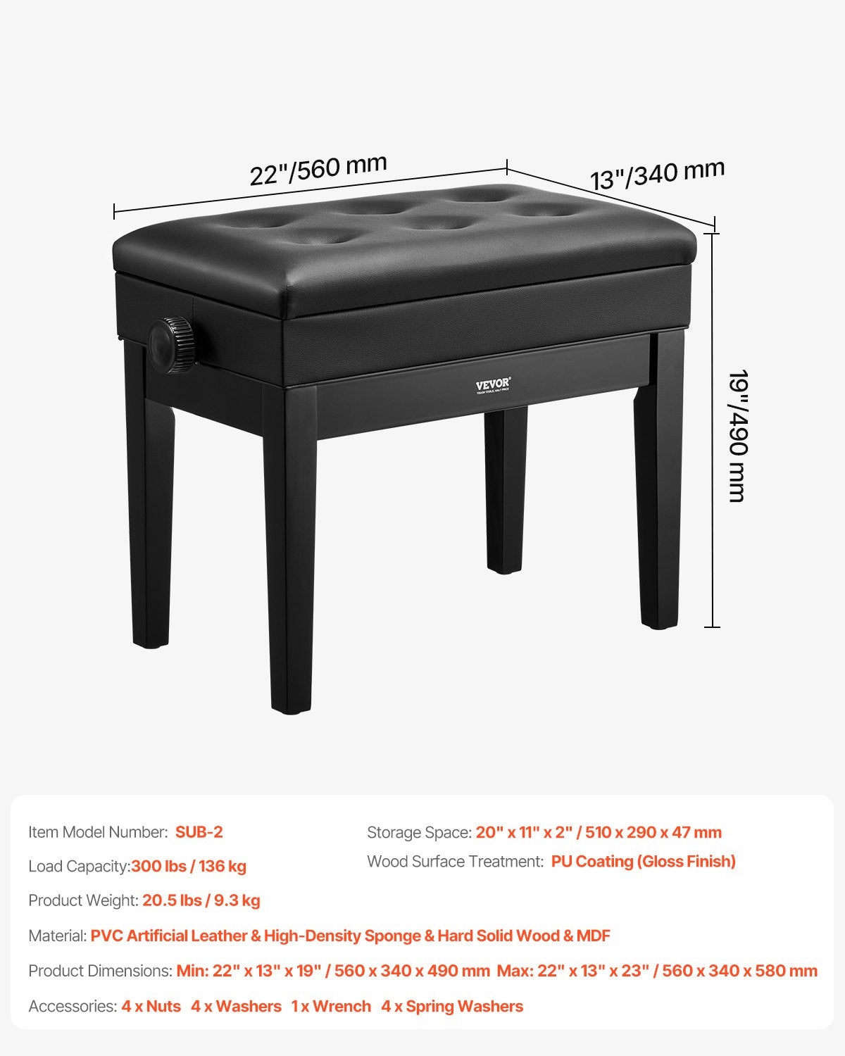 Adjustable Piano Bench with Storage, Padded Seat & Wooden Bookcase Stool