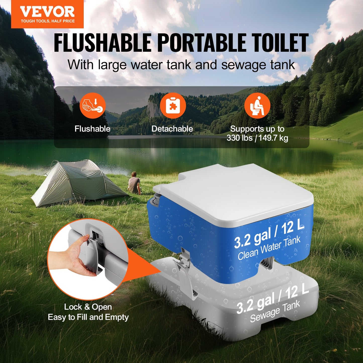 VEVOR Portable Toilet for Camping, Porta Potty with 3.2 Gal Waste Tank & 3.2 Gal