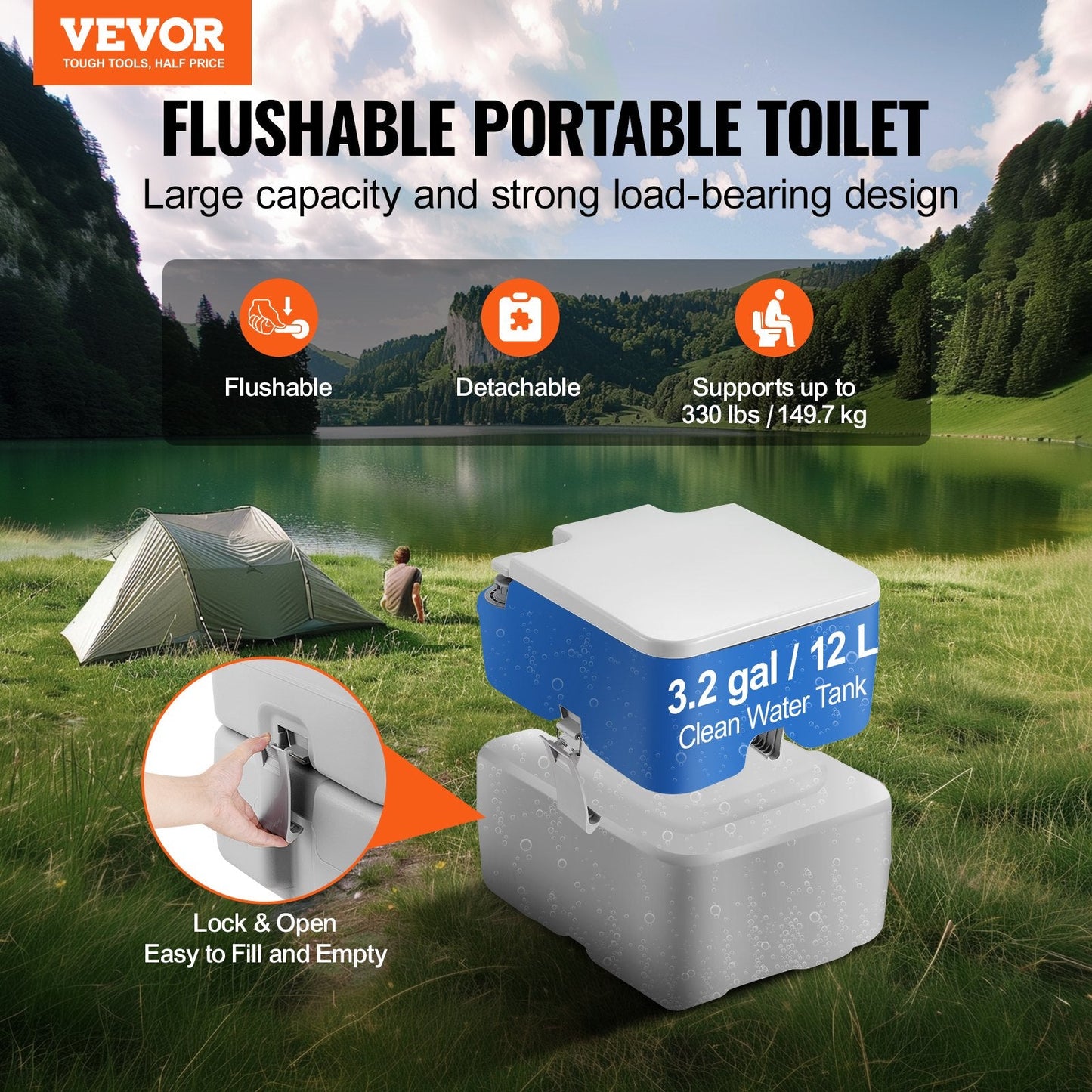 Portable Camping Toilet with Carry Bag, 20L Waste Tank & 12L Flush Tank