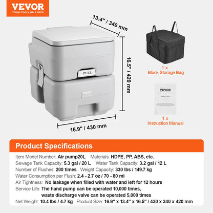 VEVOR Portable Toilet for Camping, Porta Potty with Carry Bag, 5.3 Gal Waste Tank