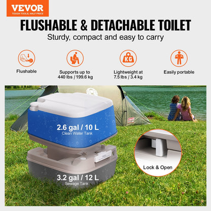 Portable Camping Toilet with 12L Waste Tank & 10L Flush Tank, 199.6 kg Capacity