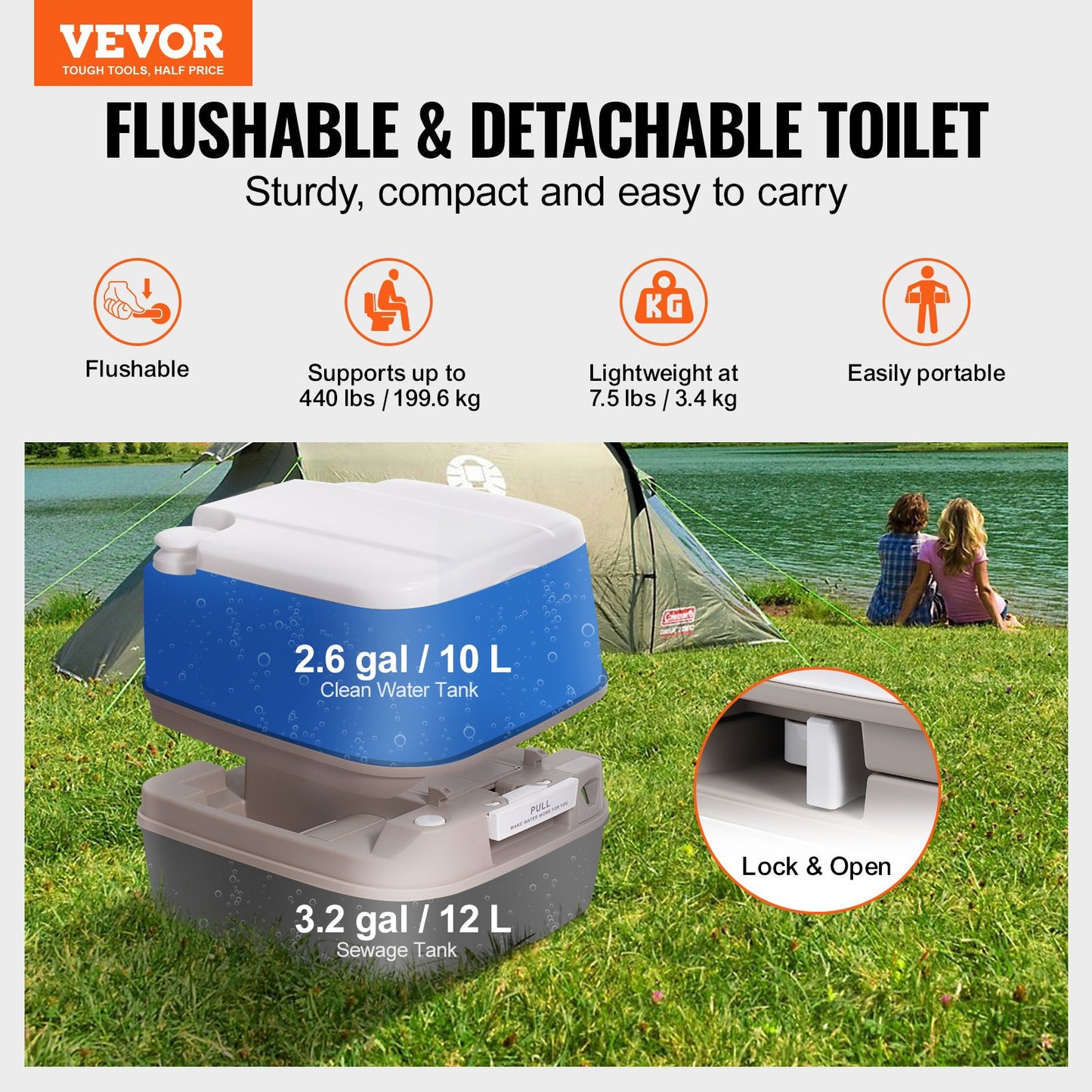 VEVOR Portable Toilet for Camping, Porta Potty with 3.2 Gal Waste Tank & 2.6Gal