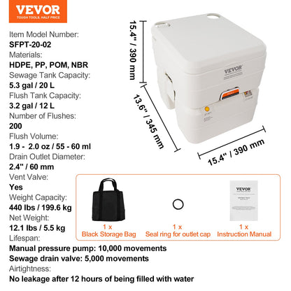 VEVOR Portable Toilet for Camping, Porta Potty with Carry Bag, 5.3 Gal Waste Tank