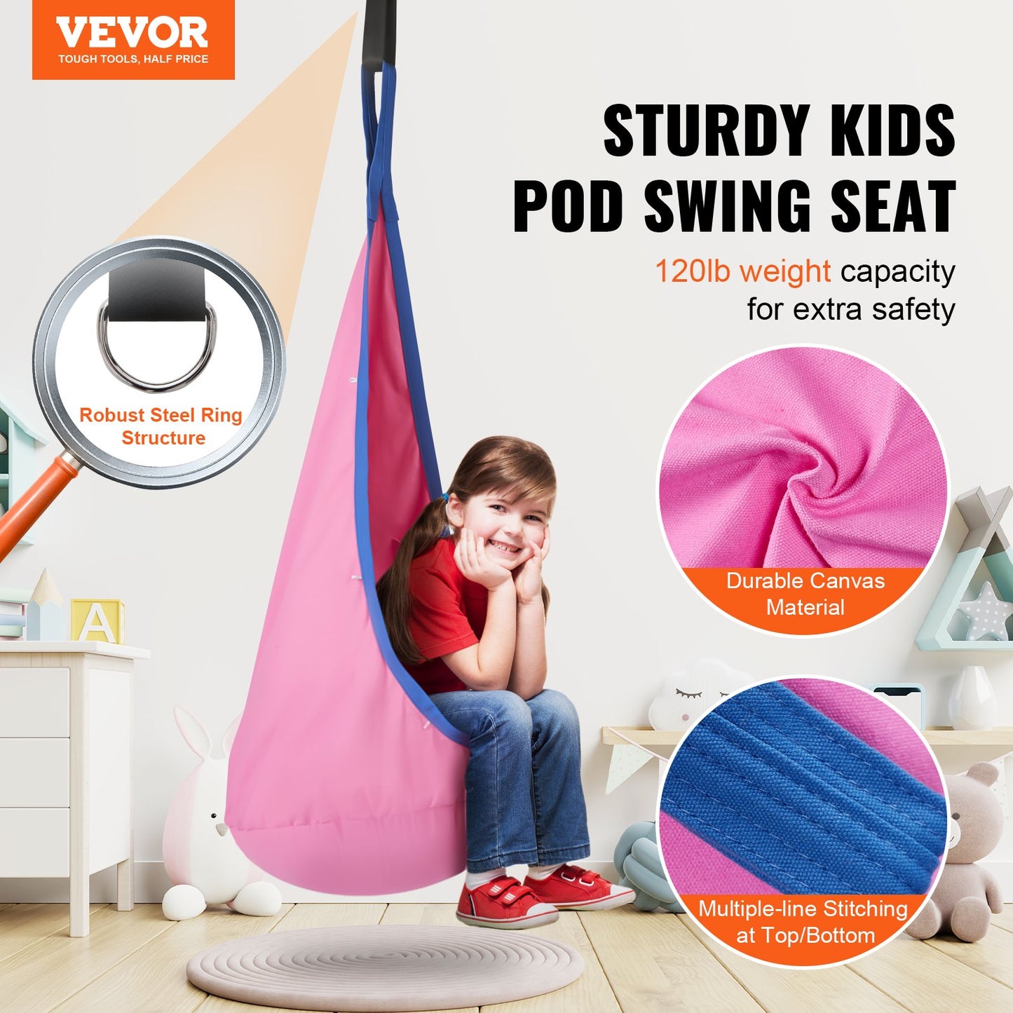 VEVOR Kids Pod Swing Seat, Hanging Hammock Chair with LED Lights Strings, Inflatable