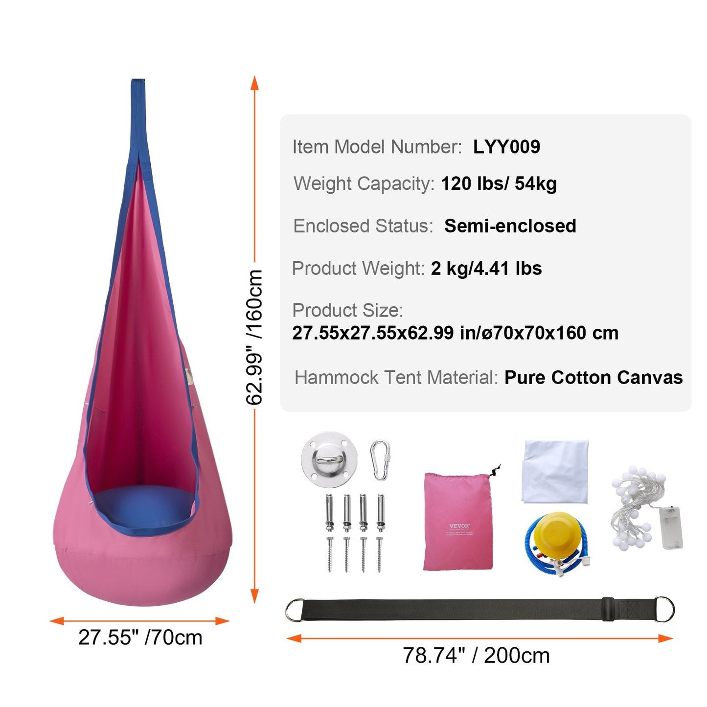 Kids Hanging Hammock Chair with LED Lights and Inflatable Cushion, 54 kg Capacity