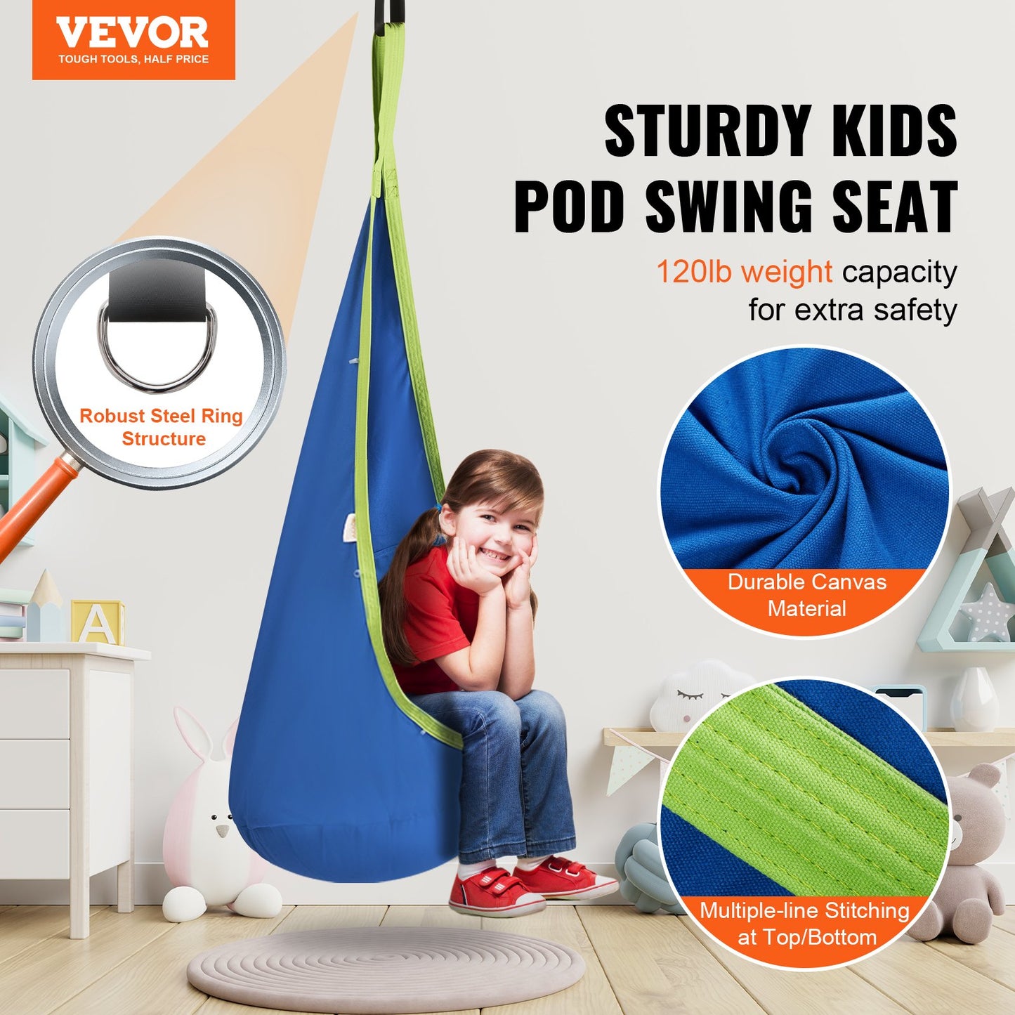 VEVOR Kids Pod Swing Seat, Hanging Hammock Chair with LED Lights Strings, Inflatable