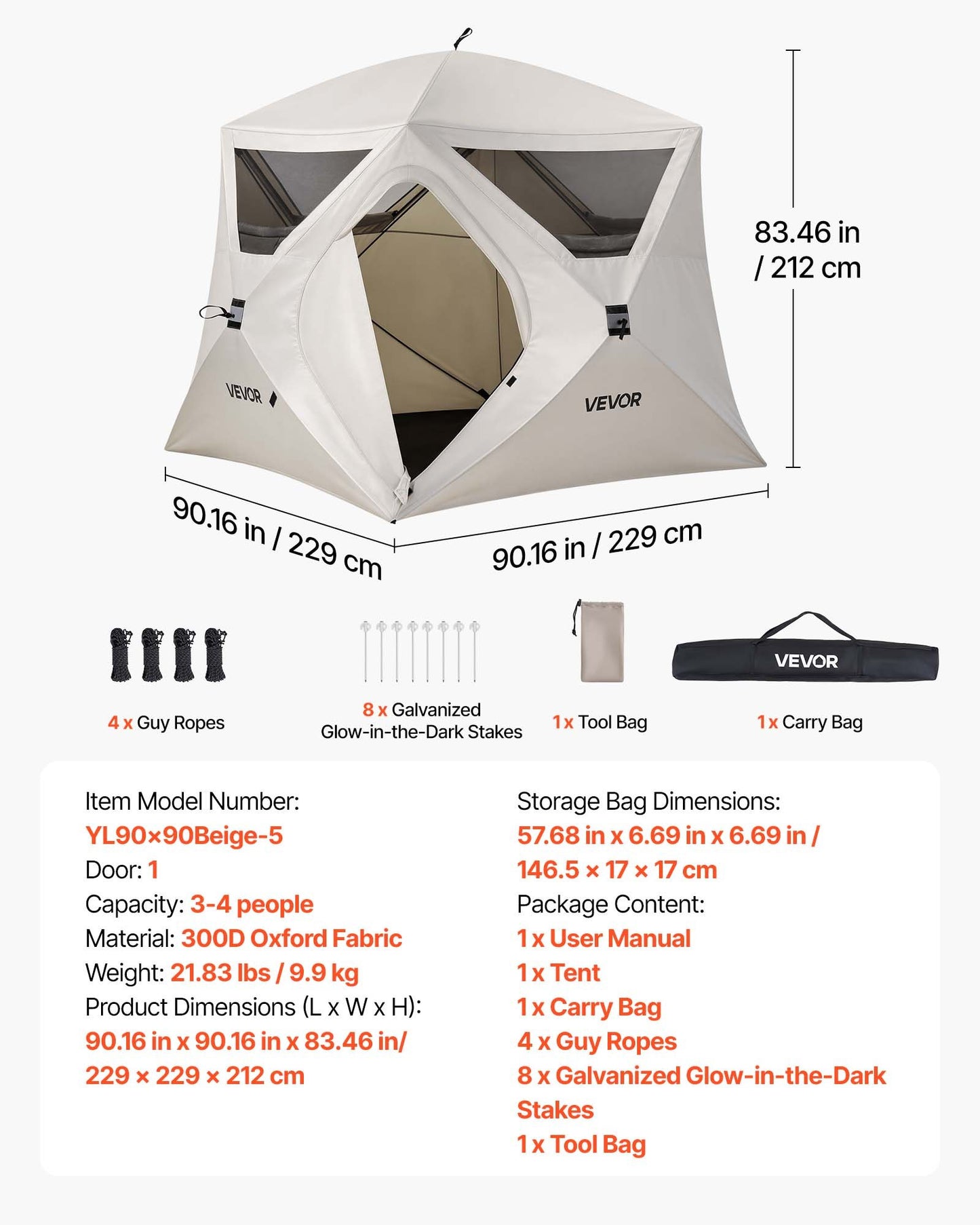 Camping Tent, 4 Person Pop Up Instant Cabin Tent with Large Mesh Windows, 60 Seconds Easy Setup, Portable Cabin Hub Tents with Carry Bag for Family Outdoor Camping & Hiking, Upgraded Ventilation