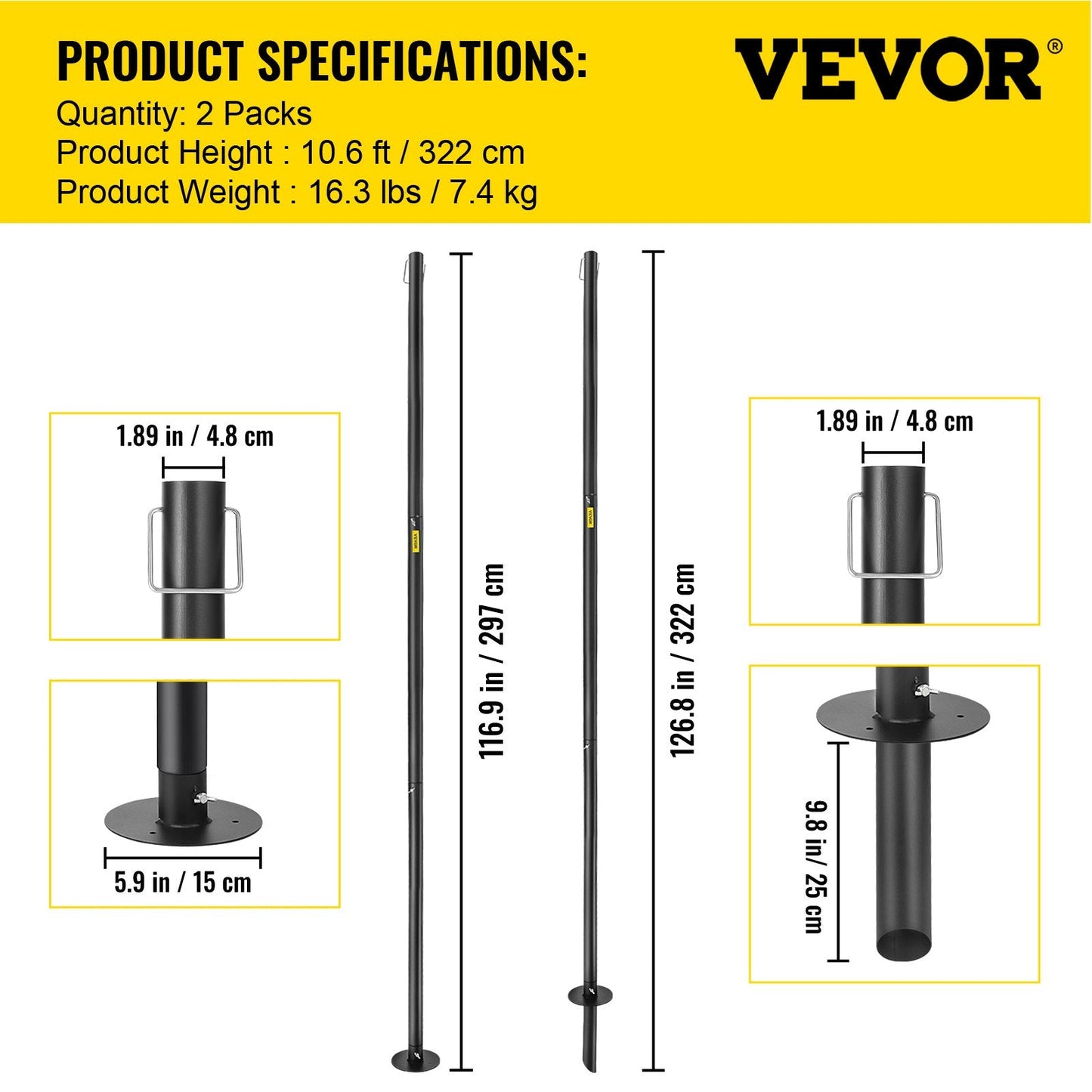 Outdoor Steel String Light Poles, 2 Pack 3.2m, for Garden & Patio Decor, Black