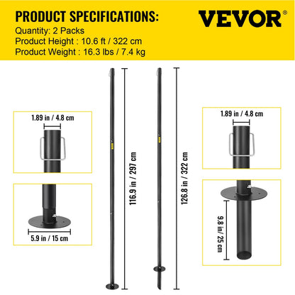Outdoor Steel String Light Poles, 2 Pack 3.2m, for Garden & Patio Decor, Black