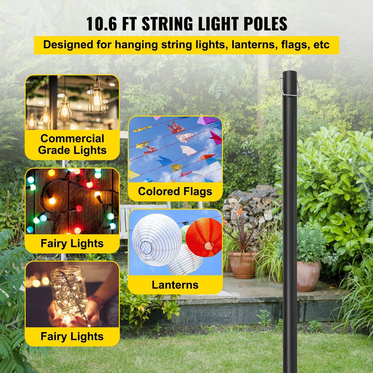 Outdoor Steel String Light Poles, 3.2m, Set of 4 for Patio and Backyard