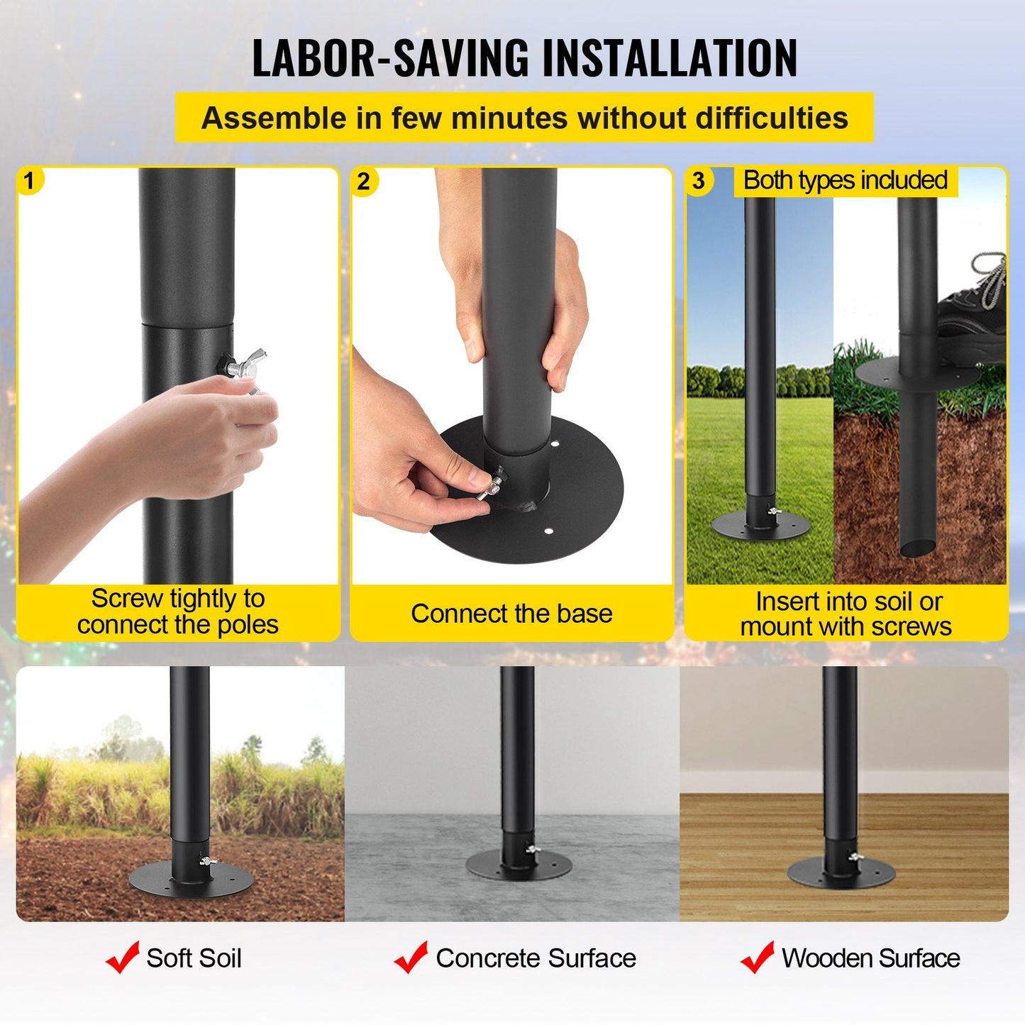 Outdoor Steel String Light Poles, 3.2m, Set of 4 for Patio and Backyard