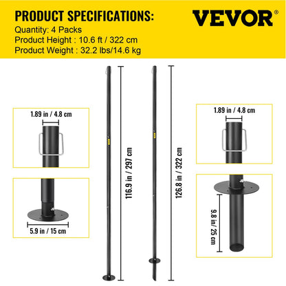 Outdoor Steel String Light Poles, 3.2m, Set of 4 for Patio and Backyard