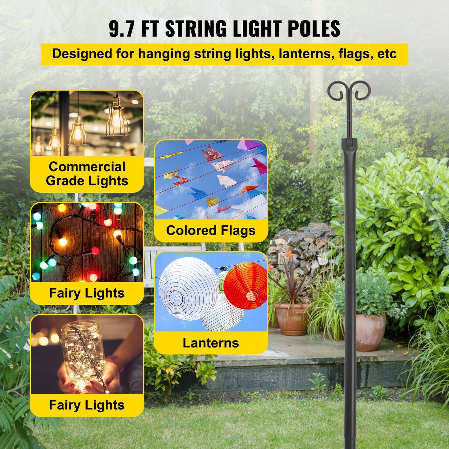 Outdoor Stainless Steel Light Poles with Hooks, 2 Pack, 2.95 m, Black