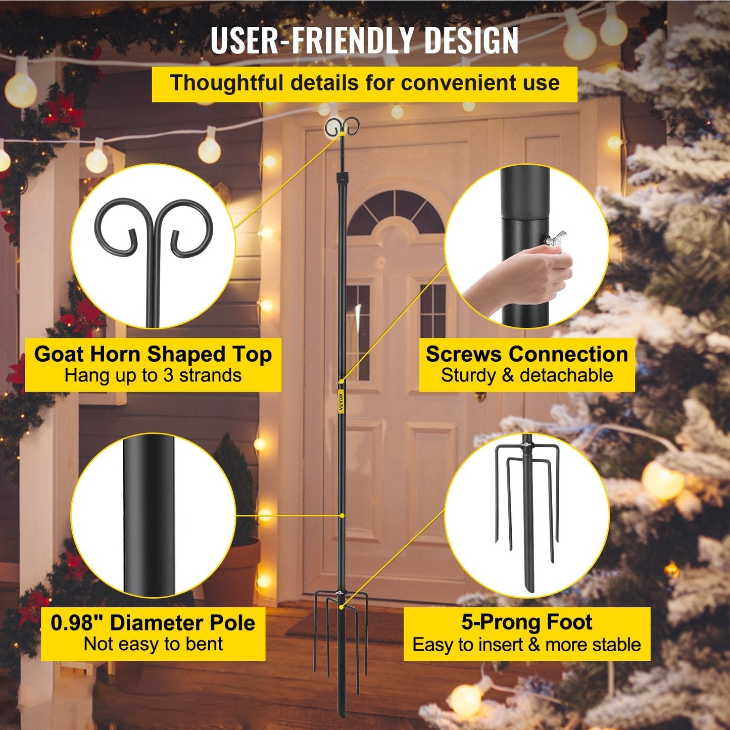 Outdoor Stainless Steel Light Poles with Hooks, 2 Pack, 2.95 m, Black
