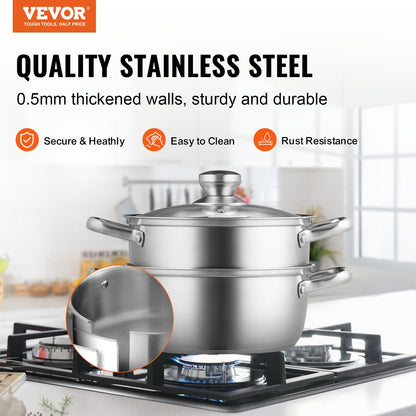 Stainless Steel Steamer Pot Set with 3QT Stock Pot & Glass Lid, 22cm Diameter