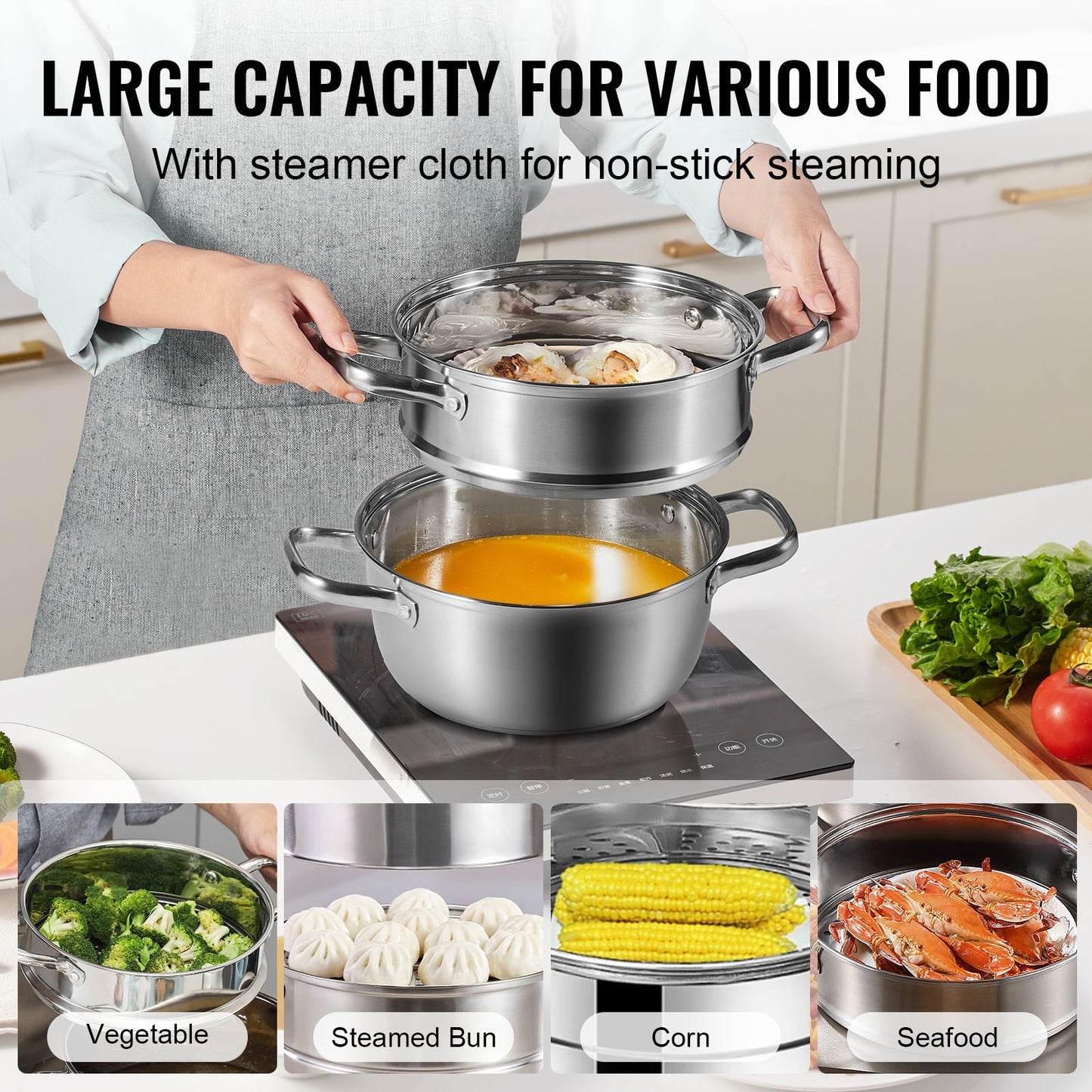 VEVOR Steamer Pot, 22cm Steamer Pot for Cooking with 3QT Stock Pot and Vegetable