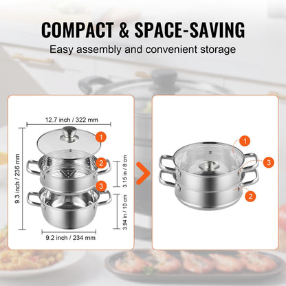 Stainless Steel Steamer Pot Set with 3QT Stock Pot & Glass Lid, 22cm Diameter