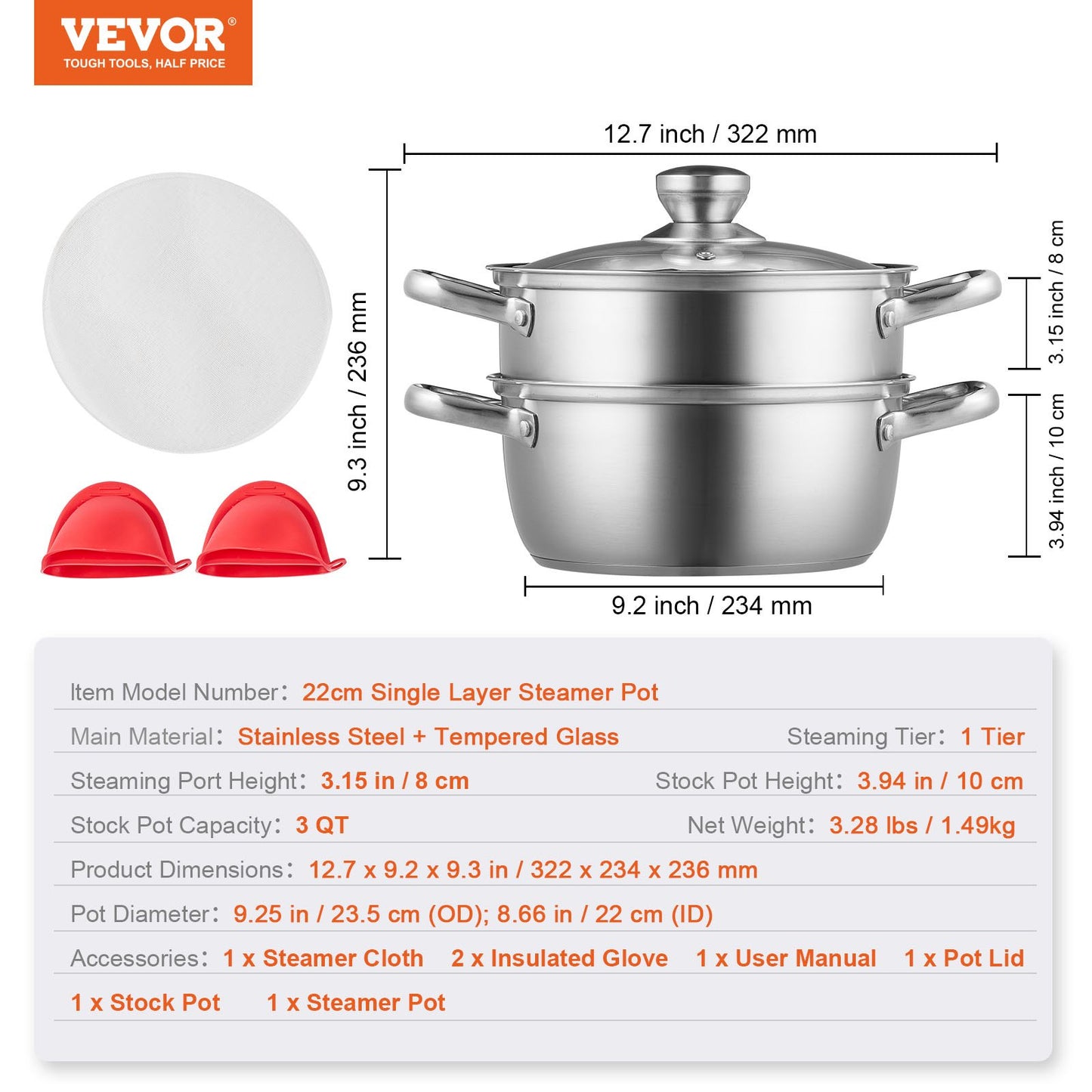 VEVOR Steamer Pot, 22cm Steamer Pot for Cooking with 3QT Stock Pot and Vegetable