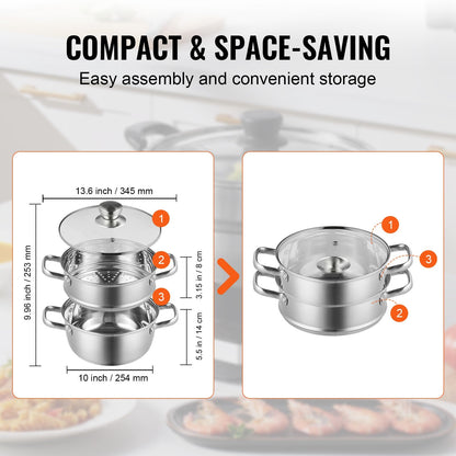 Stainless Steel Steamer Pot Set, 24 cm with 5L Stock Pot & Vegetable Tier