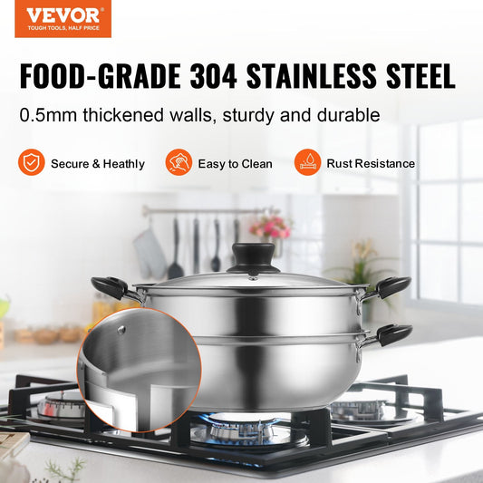 28 cm Stainless Steel Steamer Pot Set with 3QT Stock Pot and Glass Lid