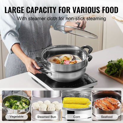 28 cm Stainless Steel Steamer Pot Set with 3QT Stock Pot and Glass Lid