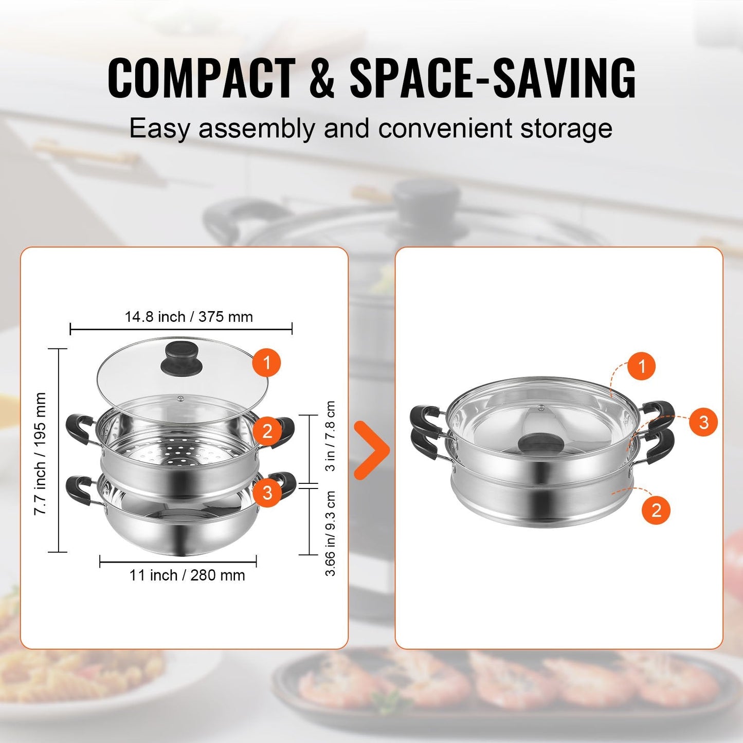 28 cm Stainless Steel Steamer Pot Set with 3QT Stock Pot and Glass Lid
