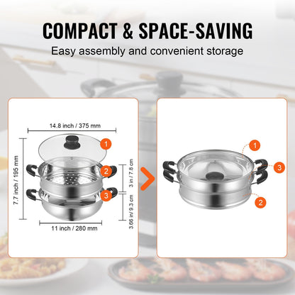 28 cm Stainless Steel Steamer Pot Set with 3QT Stock Pot and Glass Lid