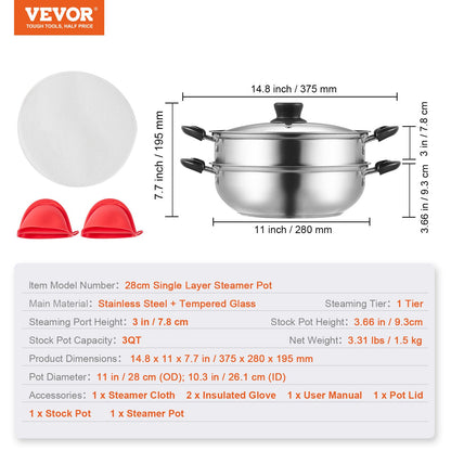VEVOR Steamer Pot, 28cm Steamer Pot for Cooking with 3QT Stock Pot and Vegetable