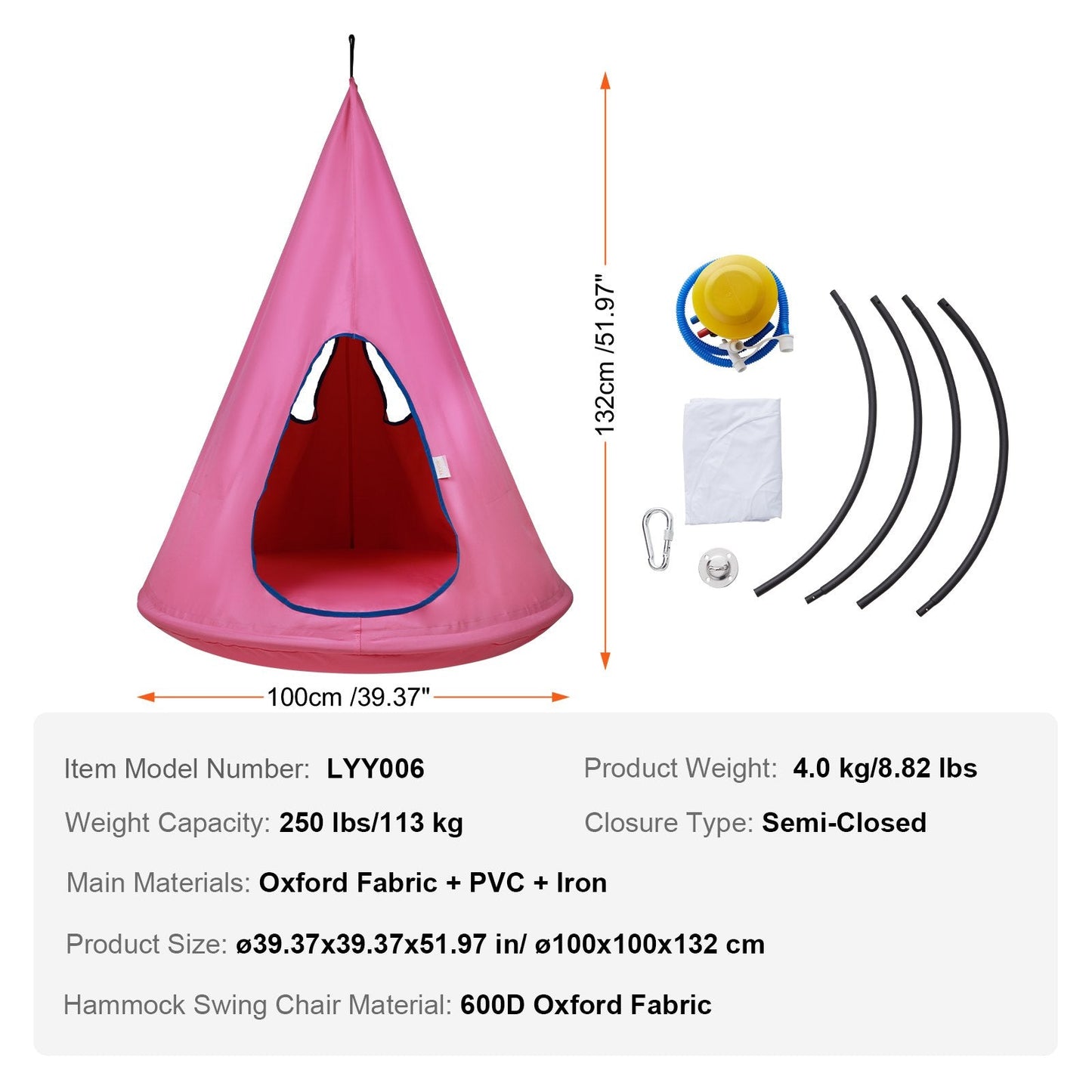 Children's Hanging Hammock Chair with Adjustable Rope, 113 kg Capacity, Pink