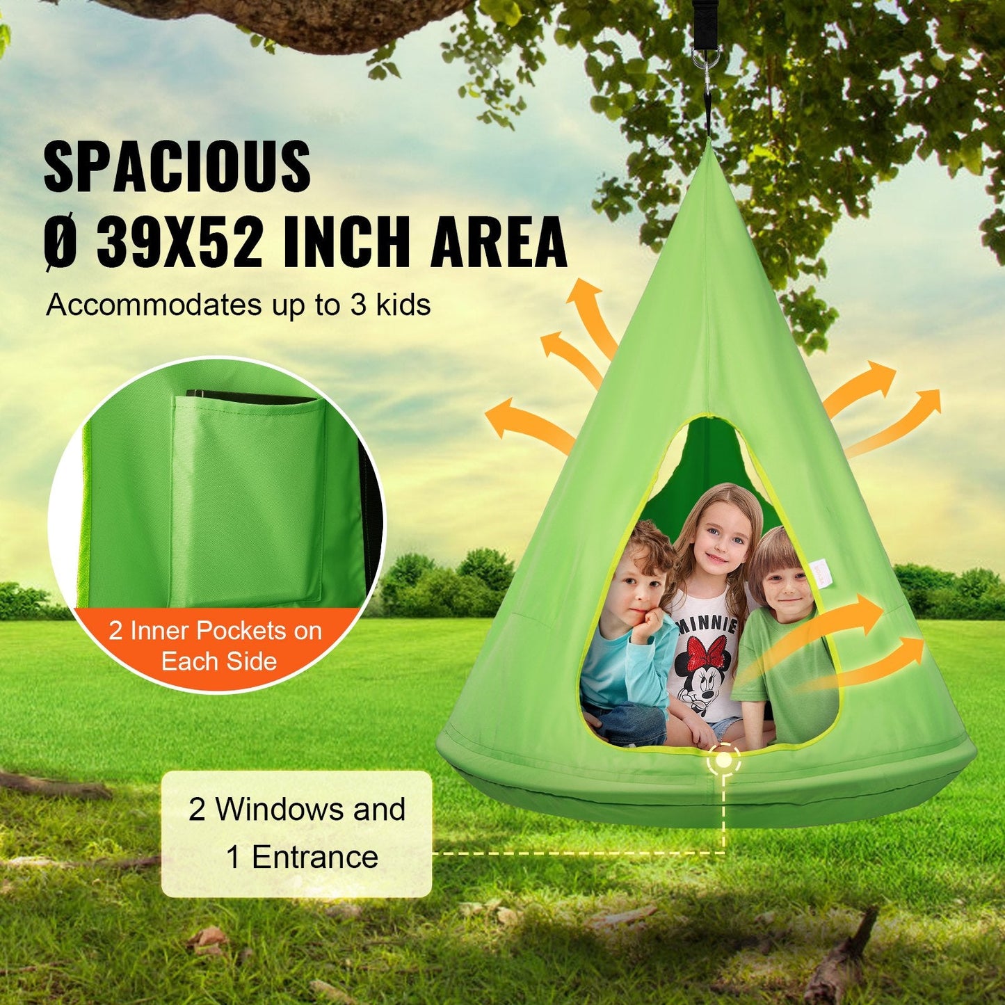 Kids Nest Hammock Swing Chair with Adjustable Rope, 113 kg Capacity, Green