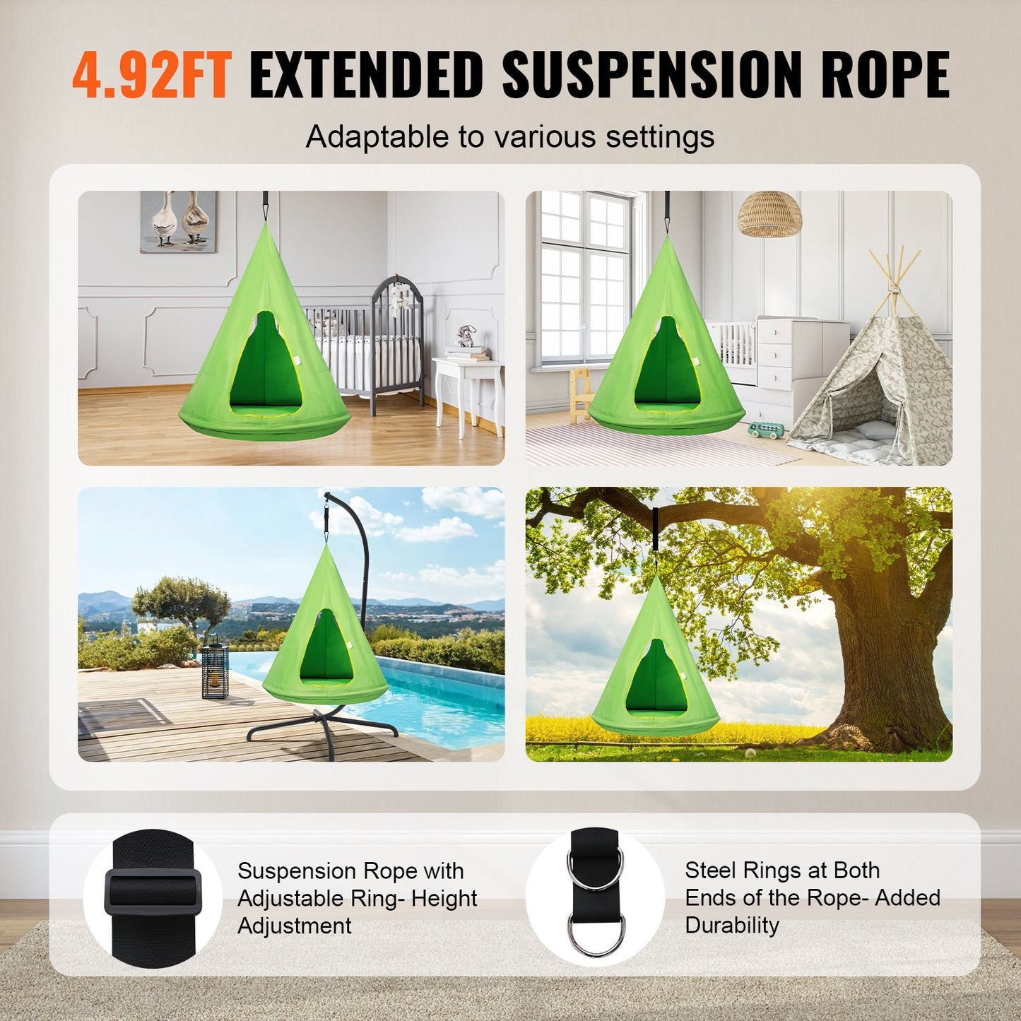 Kids Nest Hammock Swing Chair with Adjustable Rope, 113 kg Capacity, Green